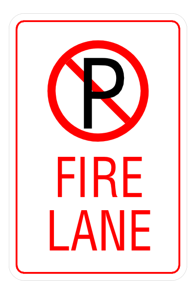 The sign says "no parking" with a red circle around it on top of another sign that reads "fire lane."