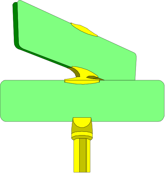 The image shows a green sign with an arrow pointing to its right side on top of another object that appears to be yellow in color but is partially obscured by the sign itself.
