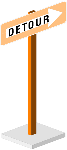 The image shows a directional sign with an arrow pointing to its right side against a dark background.