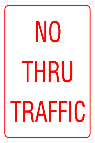The sign says "no through traffic." It's a warning for drivers to be cautious about entering an area where there is no exit route ahead of them.