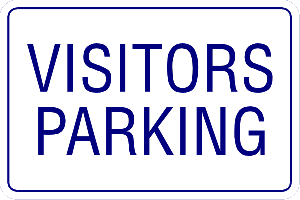The sign says "visitors parking". It's a black and white photo of two signs on top each other with blue lettering that say visitors parking in all caps letters.