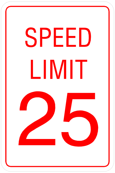 The image shows a red speed limit sign with white text indicating "SPEED LIMIT 25" on it. There is also an additional note that says "Speed Limit". This suggests there might be more than one lane of traffic, but only this particular section has been marked for the lower speed limit. It's important to follow these signs in order not to exceed the allowed maximum velocity and ensure safety while driving or riding a bicycle on public roads where such limits are enforced by local authorities.