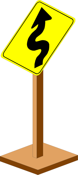 The image shows a yellow road sign with an arrow pointing to its right on top of a wooden stand against a dark background.