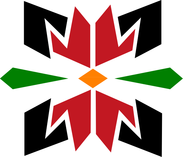 The image shows a stylized red star with an abstract design inside it against a black background on what appears to be a computer screen displaying various colorful shapes around its edges.
