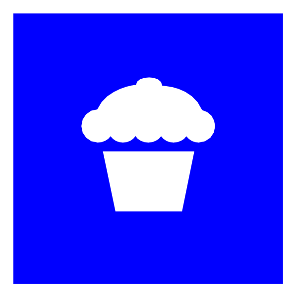The image shows a blue muffin with white frosting on top of it inside an icon that resembles a cupcake wrapper against a purple background.