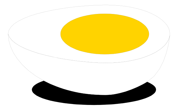 The image shows a black and white illustration of two eggs with yolks on top placed next to each other against an unseen background.