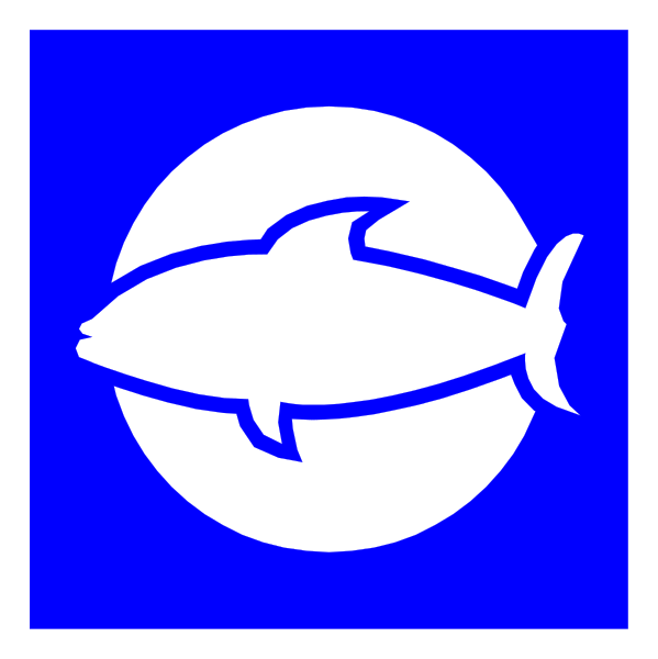 The image shows a blue fish icon inside an oval with two white lines forming its shape on top of another symbol that appears to be a stylized shark fin within a circle.