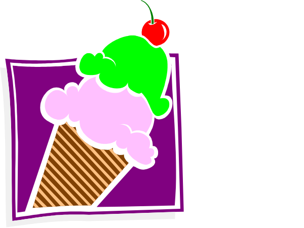 The image shows a cartoon of an ice cream cone with two scoops on top, sitting next to another similar-looking but smaller one in front of it; there's also a cherry atop each scoop and clouds around them.