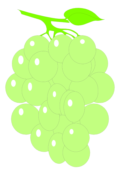 The image shows a bunch of green grapes with white dots representing bubbles on them, placed against a black background; there is also an illustration in top right corner depicting two birds perched atop one another and facing leftward.