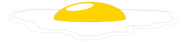 The picture shows a simple black and white illustration of an egg with yolk on top sitting next to what appears to be a sunrise in the background.