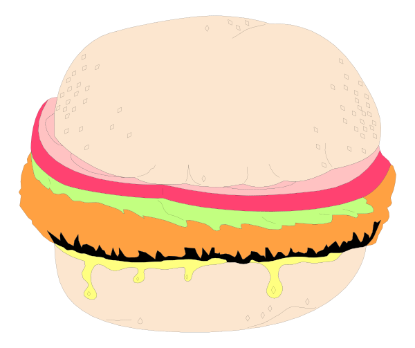 The image shows a cartoon hamburger with various toppings such as lettuce, tomato slices, cheese, onions, mustard, ketchup, pickles, and mayonnaise.