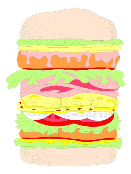 The illustration shows a sandwich with various layers of ingredients such as lettuce, tomato, cheese, meat patties, onions, pickles, mustard, ketchup, mayonnaise, and sauerkraut between two slices of bread in an open bun style.