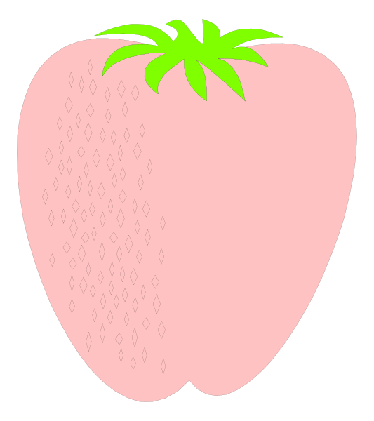 The image shows a pink strawberry with green leaves on top of it.
