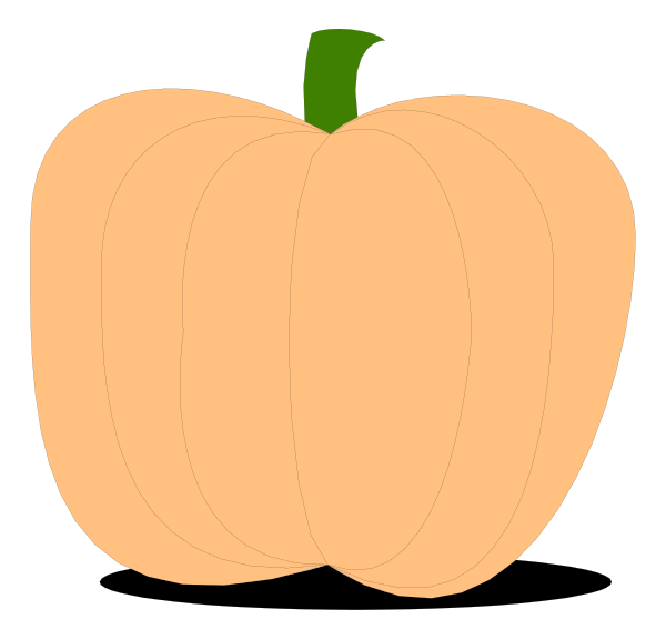 The image shows two pumpkins with a split down middle to create an illusion of four separate halves; each half has a stem on top.