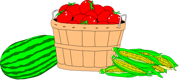 The image shows a cartoon depiction of two baskets filled with fruits: watermelons on top left and corn cobs in bottom right; both set against black backgrounds.