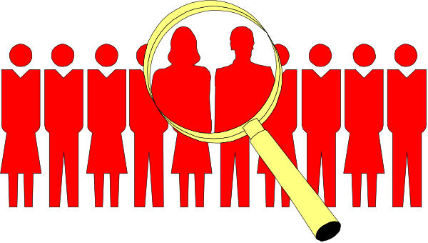 The image shows a group of silhouetted figures standing behind an hourglass with magnifying glasses on either side pointing towards it; there is no text present in this clip-art illustration.