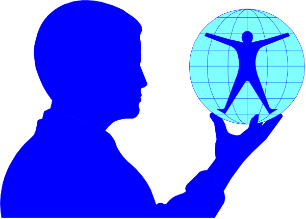 The image shows a person holding up an object that resembles Earth with human figures on it against a dark background; there is no text present in this clip-art image.
