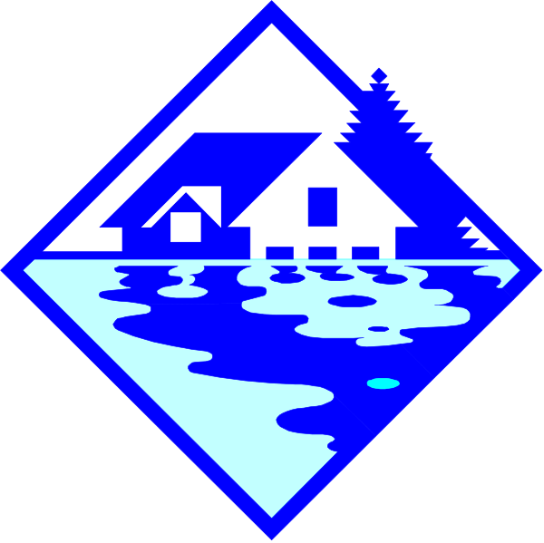 The image shows a stylized graphic of an outdoor scene with two distinct elements: on top is a blue house icon set against white background; below it appears to be water flowing towards this home from left side, suggesting rainfall or flooding conditions in front of which there's a small hill.