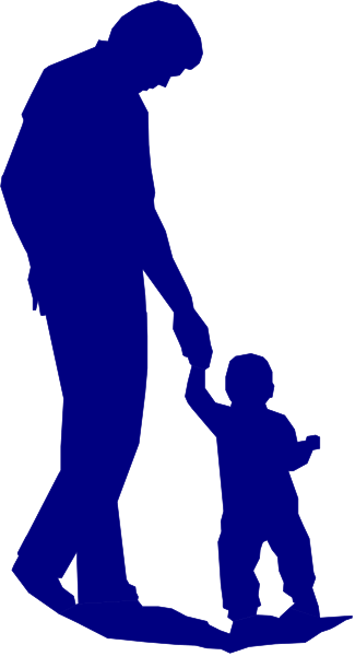 The image shows a black silhouette of an adult holding onto a child's hand on what appears to be stairs against a blue background with white stripes running vertically down it.