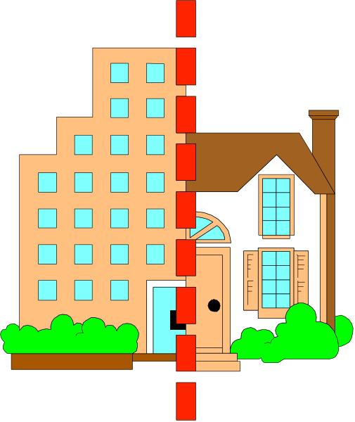 The image shows a pixelated illustration of an urban scene with two houses: on the left is a smaller house painted in shades of green; to its right stands taller building featuring multiple windows and doors, also depicted as being made up of pixels. In front of these buildings are trees that add some greenery to this otherwise built-up environment. The image has been edited with red bricks on the left side, creating a contrast between urban structures and nature elements in an artistic manner.