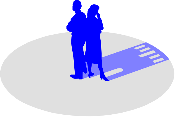 The image shows a silhouette of two figures standing on stage with spotlights shining down upon them; there is no text present in this clip-art illustration.