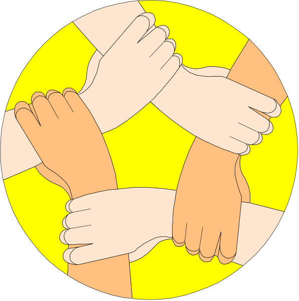 The image shows a group of four hands holding each other's wrists together from different directions against a black background with yellow borders at top and bottom.