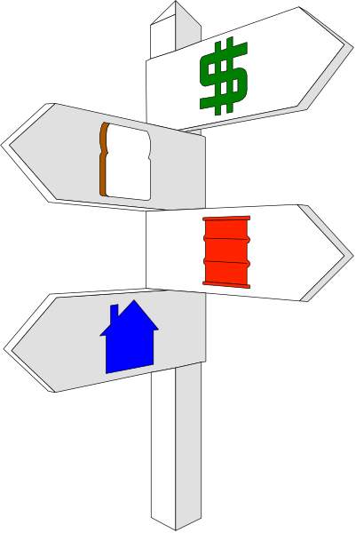 The image shows a signpost with four directional signs pointing to different directions: left (with an arrow), straight ahead (a rectangular shape), right (another rectangle) and upwards (the topmost one). Each of these signs has stickers on them, representing money in various currencies.