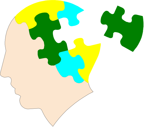 The image shows a black silhouette of two heads with puzzle pieces for brains against an indistinct background; there is no text present in this clip-art illustration.