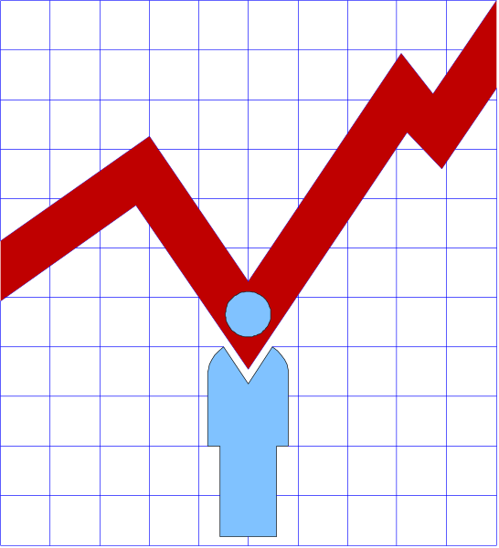 The image shows a graph with an arrow pointing downward next to two figures: on top is a red bar chart indicating growth in sales over time; below it is another figure that appears as if looking at this data, symbolizing concern about declining performance represented by a blue line and the silhouette of a person.