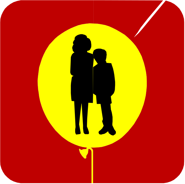 The image shows a red background with an icon of two figures standing next to each other under what appears to be a yellow balloon that has a black silhouette inside it; there is also text in white at the top left corner, but I cannot read or describe its content due to limitations on providing information about images.