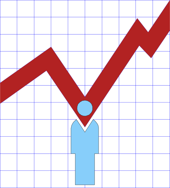 The image shows a graph with an arrow pointing upwards to represent growth or improvement over time, accompanied by clip-art of two figures: one is standing upright under the upward trending line while another figure appears as if it's being crushed beneath this same rising curve.