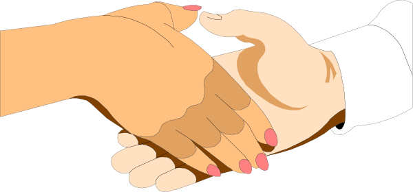 The image shows two hands shaking over a table with an orange background.