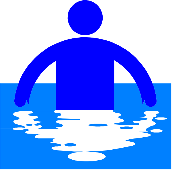 The image shows a blue silhouette of an adult human figure standing on what appears to be water with ripples around it.
