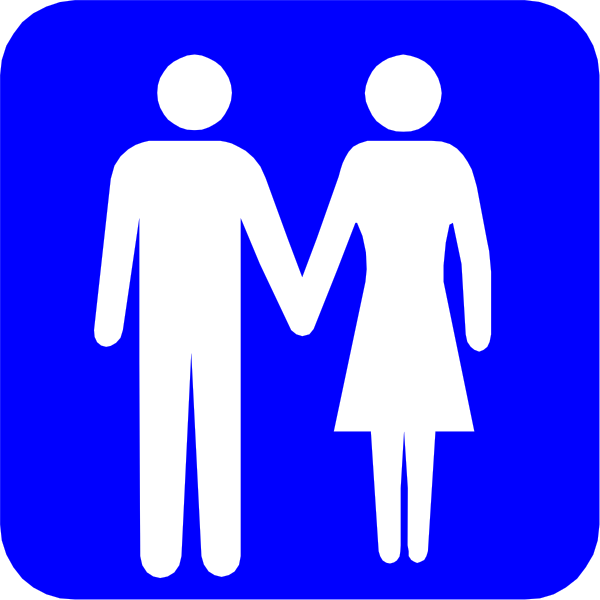 The image shows a blue sign with white silhouettes of two figures holding hands; it is set against an indistinct background that does not provide additional context about location or time period.