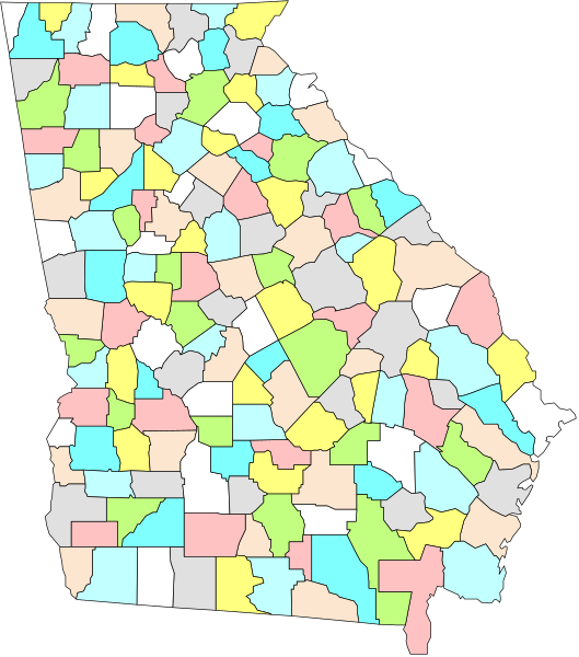 The image shows a stylized map of Alabama with various colored regions representing different counties within the state.
