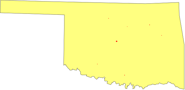 The image shows a map of an area with various states highlighted by red dots on it against a yellow background.