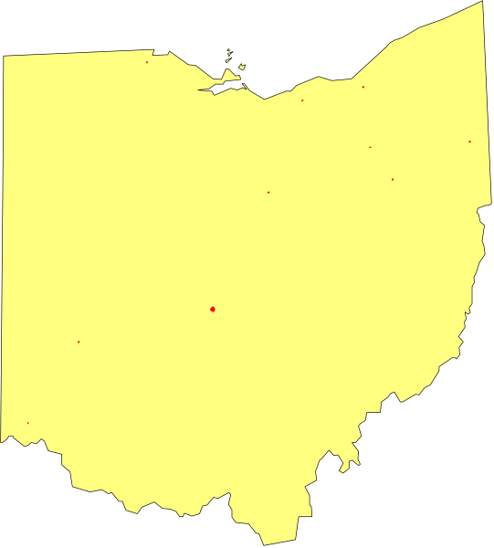 The image shows a stylized map of Indiana with an overlay that highlights certain areas using red dots on top of it.