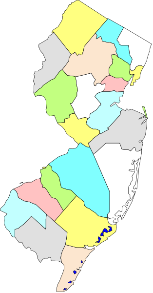 The map shows a stylized representation of New York State with various regions highlighted by different colored shapes.
