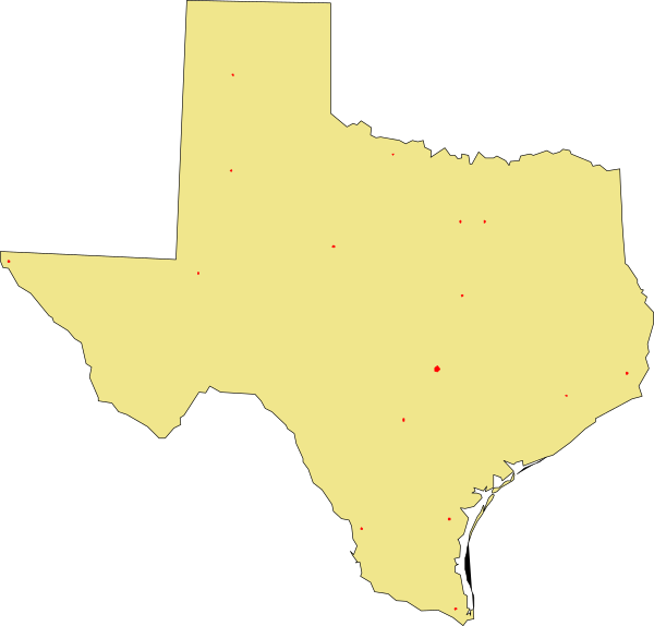 The image shows a stylized map of Texas with dots indicating locations within its borders; it is set against a black background.