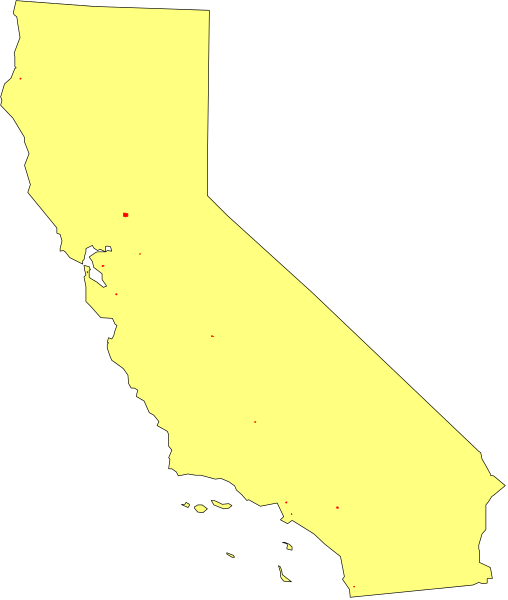 The map shows a stylized representation of California with its borders outlined against a black background; it is colored yellow to represent states within the United States.