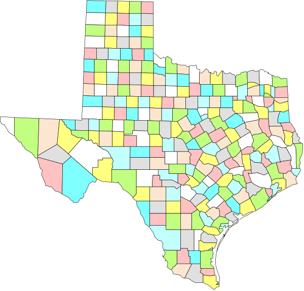 The map shows a stylized representation of Texas with various colored regions indicating different types of data such as population density, income levels, education attainment, etc., within its borders; it is set against a black background and does not depict any people or animals in this particular image.