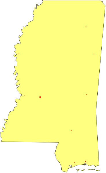 The image shows a map of Louisiana with red dots indicating locations within its borders.