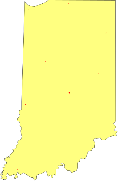 The image shows a map of Indiana with red dots indicating locations within its borders.