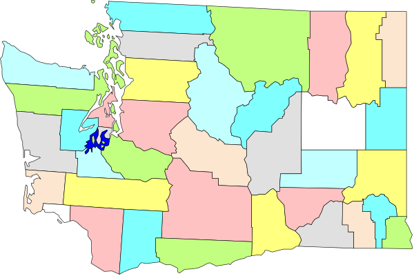 The map shows a stylized representation of Washington state with various counties highlighted by different colored areas within its borders.