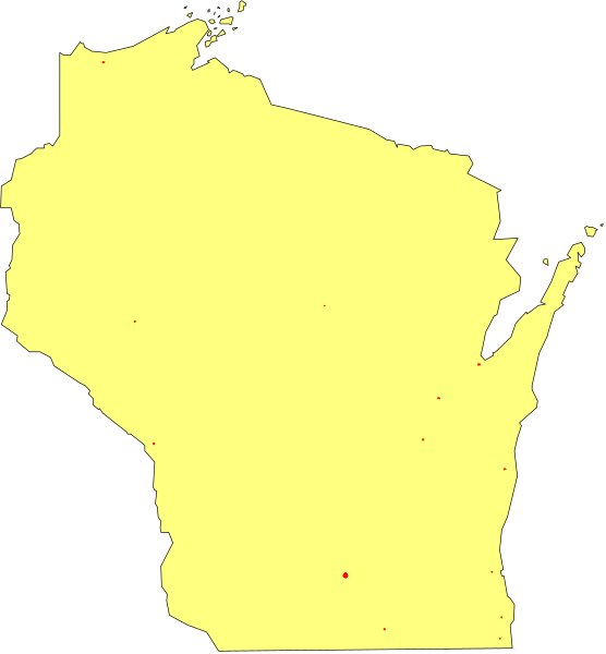 The map shows a stylized outline of Michigan with its borders highlighted by red dots against a yellow background on top half; below it is another image showing an overlay of Wisconsin's shape in black, indicating where parts of Minnesota might be located relative to this state boundary.