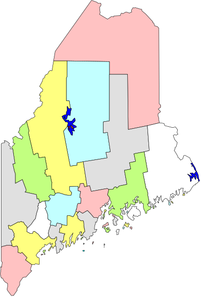 The map shows a stylized representation of Maine with counties colored differently to represent different data sets such as population density, median income, etc., but without specific labels for each color it's unclear what those datasets might be.