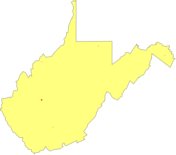 The map shows a section of West Virginia with counties highlighted by red dots on topography lines indicating elevation changes in feet above sea level (FASL).