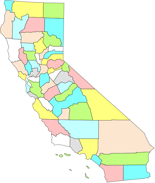 The map shows a stylized representation of California with various counties highlighted by different colored regions within its borders.