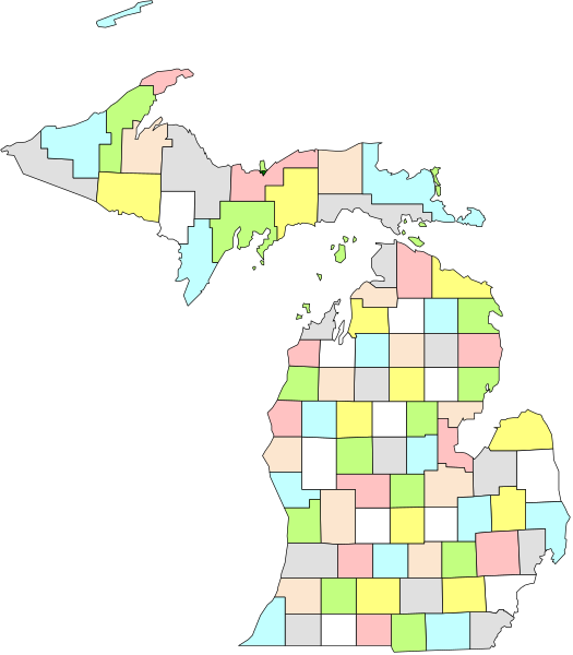 The map shows a stylized representation of Michigan with various regions highlighted by different colored blocks within its borders; it is presented in grayscale tones without color coding for each region.