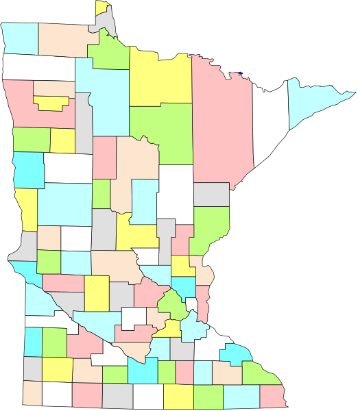 The map shows a state with counties outlined by color blocks representing different types of data such as population density, median income, etc., but without labels for specific details about each county's characteristics.